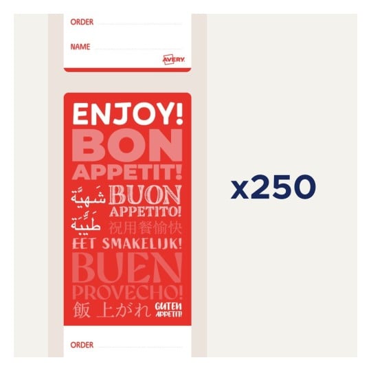 Dette bildet viser en fargerik etikett eller merkelapp med teksten 'ENJOY! BON APPETIT!' og oversettelser på ulike språk, designet for matrelaterte sammenhenger.