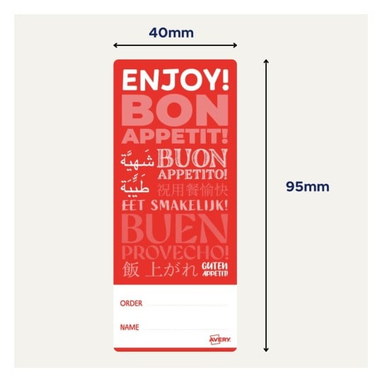 En rød merkelapp eller etikett med forskjellige språk skrevet for 'Enjoy!' og 'Bon Appétit!' sammen med felter for bestilling og navn.