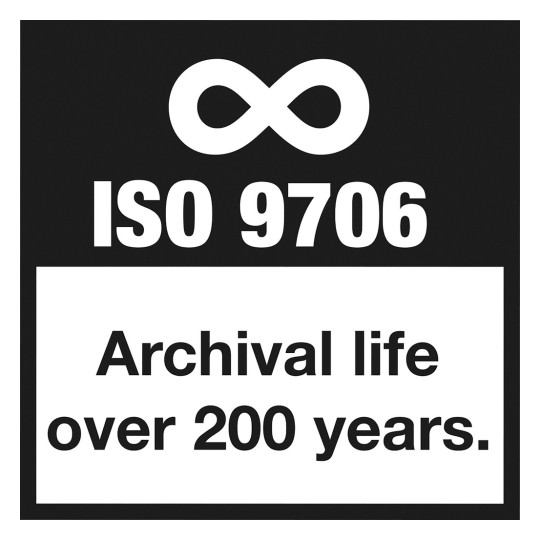 Bildet viser en svart bakgrunn med symbolet for uendelig over teksten 'ISO 9706' og uttrykket 'Arkivholdbarhet over 200 år.' i hvitt.
