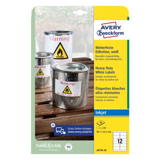 Forpakningsbilde: Avery Zweckform Værbestandige folieetiketter for blekkskrivere, Artikkel: J4776-10, Format: 99,1 x 42,3 mm, Skriverkompatibilitet: Blekk, Innhold: 120 etiketter / 10 ark, 12 etiketter/ark.
