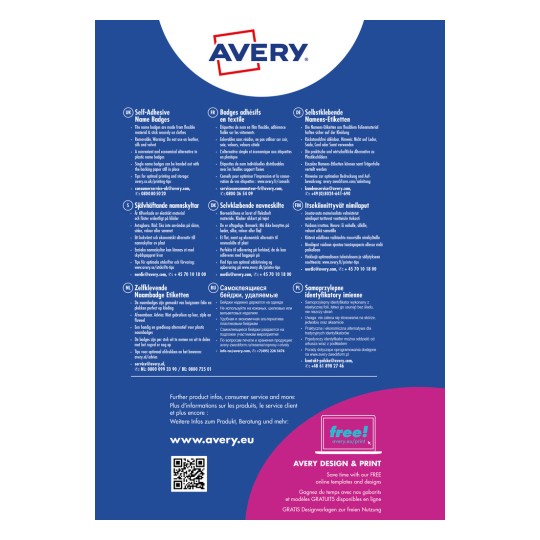 Bildet viser en annonse for Avery selvklebende navneskilt på flere språk, inkludert brukertips og kontaktinformasjon.