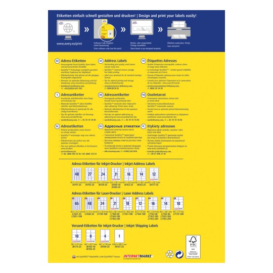 Bildet er en informasjonsgrafikk om design og utskrift av etiketter. Den inkluderer tekst på flere språk som gir tips, kontaktinformasjon og spesifikasjoner for adresse- og fraktetiketter. Den viser etikettformater og størrelser for både blekk- og laserskrivere.