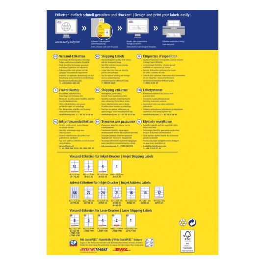Bildet er en etikettutskriftsguide fra Avery, som beskriver ulike etikettyper, spesifikasjoner og utskriftstips på flere språk, inkludert tysk, engelsk, fransk og flere. Den gir informasjon om fraktetiketter, adresseetiketter og hvordan man kan designe og skrive dem ut effektivt.