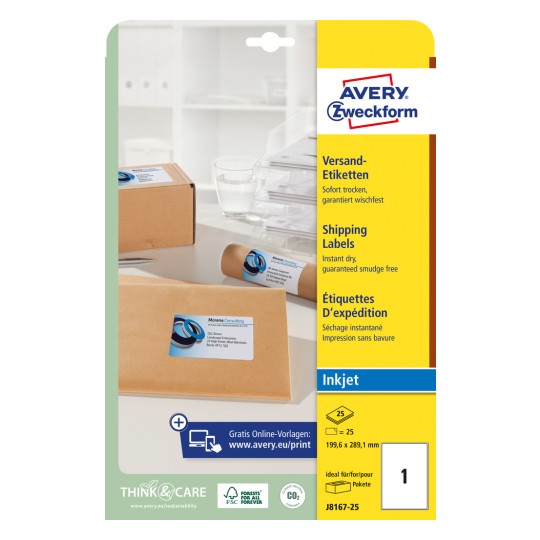 Forpakningsbilde: Avery Zweckform Hvite Fraktetiketter, for blekkskrivere, Artikkel: J8167-25, Format: 199,6 x 289,1 mm, Skriverkompatibilitet: Inkjet, Innhold: 25 etiketter / 25 ark, 1 etikett/ark.