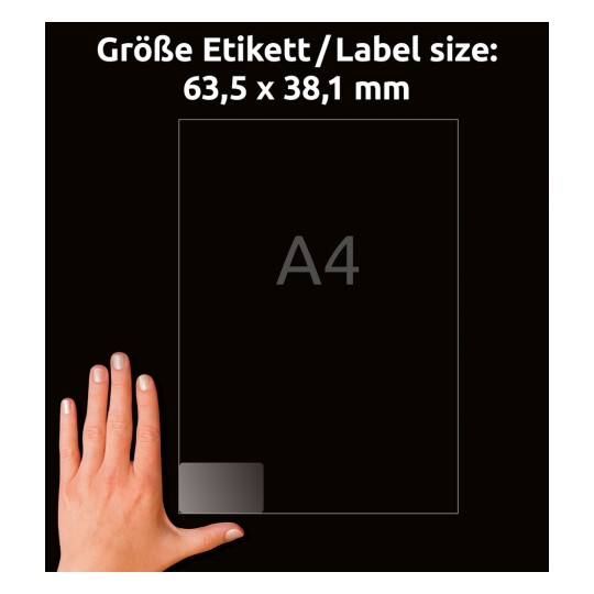 Størrelsessammenligning med hånd, Artikkel: J8560-25, ett ark med adresseetiketter, Format: 63,5 x 38,1 mm, Farge: Transparent?