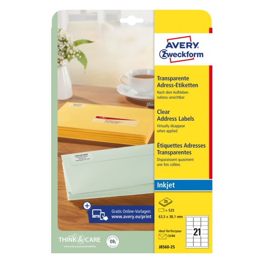 Pakningsbilde: Avery Zweckform transparente fraktetiketter, for blekkskrivere, artikkel: J8560-25, format: 63,5 x 38,1 mm, skriverytelse: blekkskriver, innhold: 525 etiketter / 25 ark, 21 etiketter/ark.