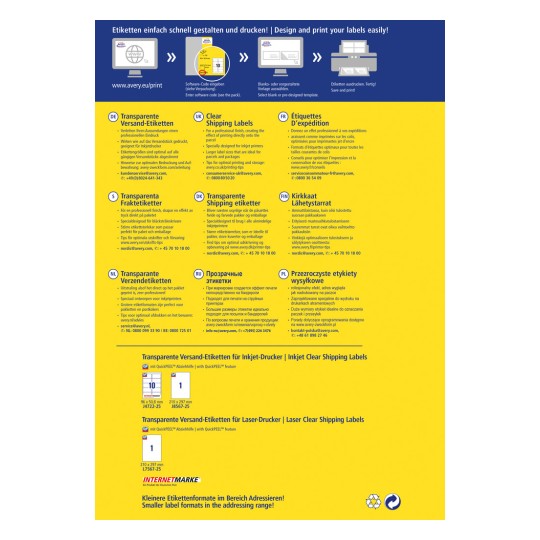 Bildet viser en reklamemateriell for Averys gjennomsiktige forsendelsesetiketter, som viser forskjellige typer etiketter for blekk- og laserskrivere. Det inkluderer tekst på flere språk og gir trinn for å designe og skrive ut etiketter effektivt.