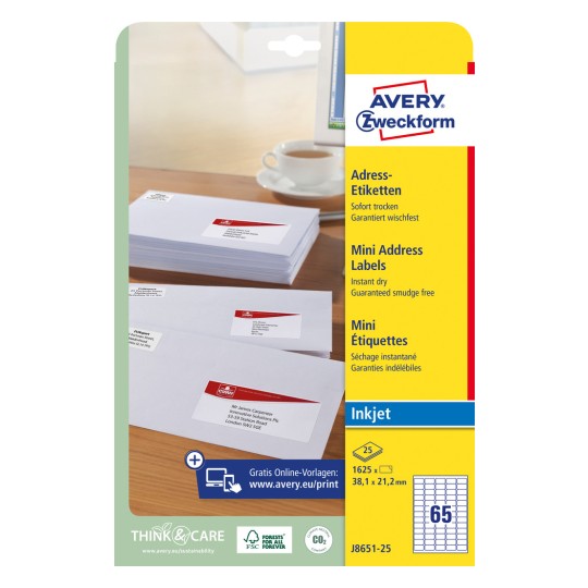 Pakningsbilde: Avery Zweckform, Artikkel: J8651-25, Format: 38,1 x 21,2 mm, Skriverkompatibilitet: Inkjet, Innhold: 1.625 etiketter / 25 ark, 65 etiketter/ark.