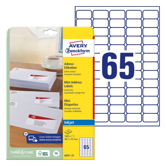 Etikettbilde med etikettark: Avery Zweckform, Artikkel: J8651-25, Format: 38,1 x 21,2 mm, Skriver: Inkjet, Innhold: 1.625 etiketter / 25 ark, 65 etiketter/ark.