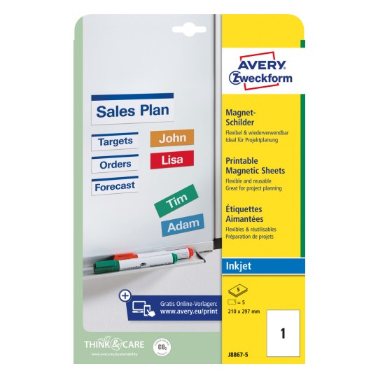 Pakningsbilde: Avery Zweckform magnetskilt, Artikkel: J8867-5, Format: 210 x 297 mm, Skriverkompatibilitet: Inkjet, Innhold: 5 etiketter / 5 ark, 1 etikett/ark