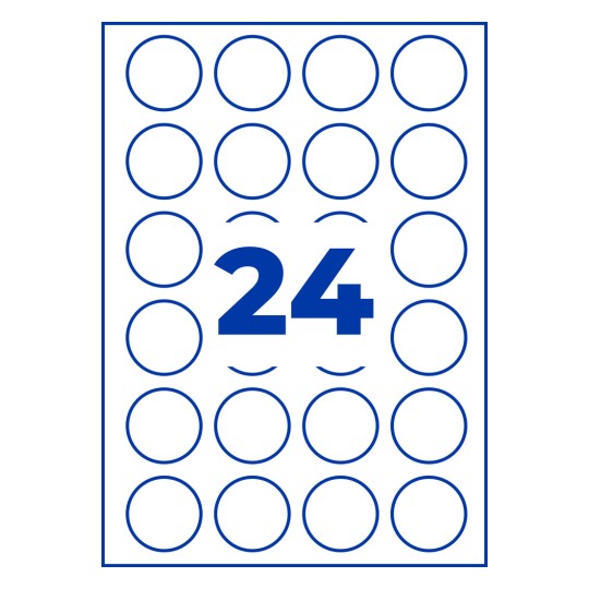 Stansemal enkeltark A4, Artikkel: L3415-10, Runde etiketter, Format: ⌀ 40 mm, 24 etiketter/ark?