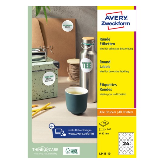Pakningsbilde: Avery Zweckform Runde Etiketten, Artikkel: L3415-10, Format: ⌀ 40 mm, Skriveregenskap: Inkjet, Laser s/hv, Fargelaser, Innhold: 240 etiketter / 10 ark, 24 etiketter/ark.