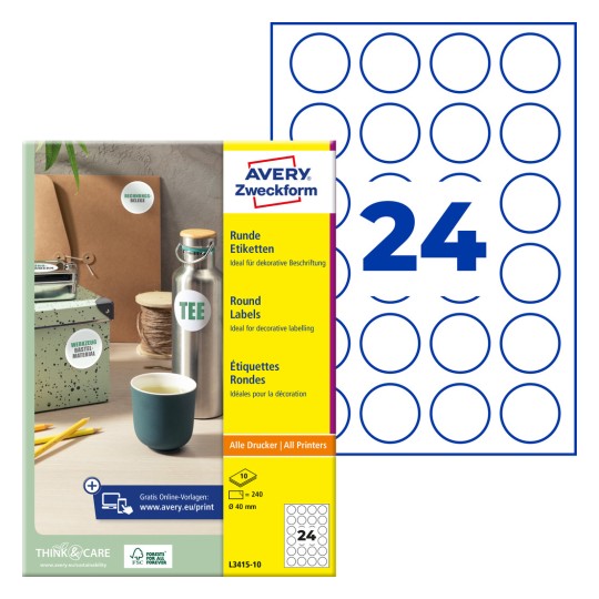 Pakningsbilde med etikettsark: Avery Zweckform Runde Etiketten, Artikkel: L3415-10, Format: ⌀ 40 mm, Utskriftskompatibilitet: Inkjet, Laser s/h, Fargelaser, Innhold: 240 etiketter / 10 ark, 24 etiketter/ark