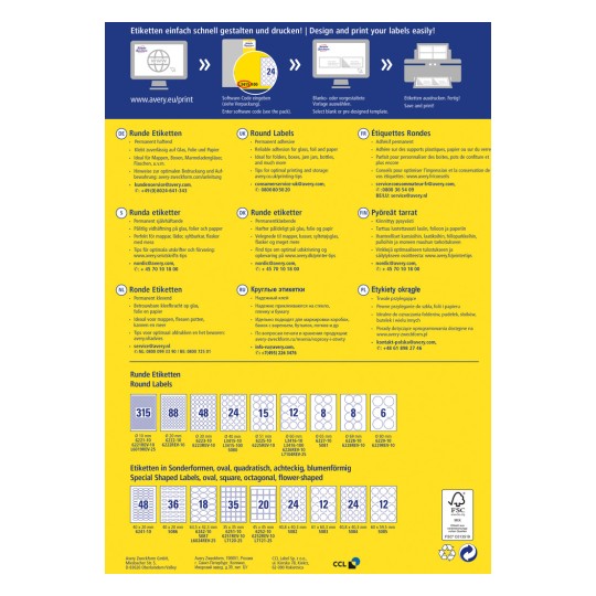 Bildet inneholder informasjon om design og utskrift av runde etiketter, inkludert tips for optimal utskrift og et utvalg av etikettstørrelser på forskjellige språk.