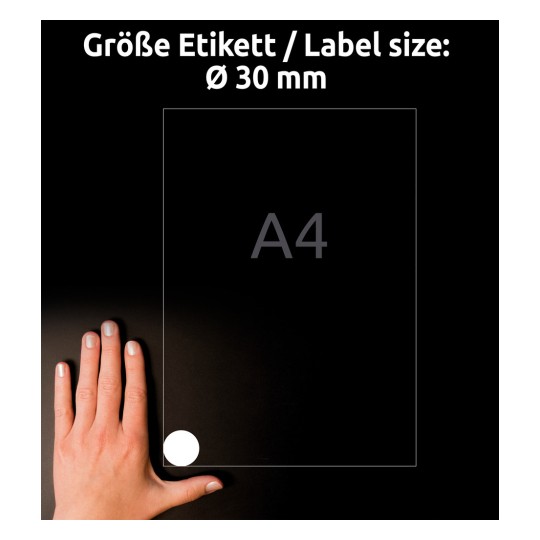 Størrelsessammenligning med hånd, Artikkel: L4716-20, ett ark værbestandige folieetiketter, Format: ⌀ 30 mm, Farge: Hvit?