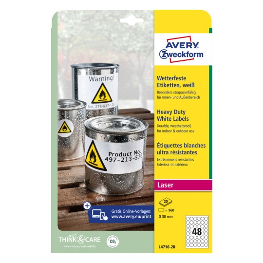 Pakningsbilde: Avery Zweckform Værbestandige folieetiketter for laserskrivere, Artikkel: L4716-20, Format: ⌀ 30 mm, Skrevetilpasning: Laser s/hv, fargelaser, Innhold: 960 etiketter / 20 ark, 48 etiketter/ark