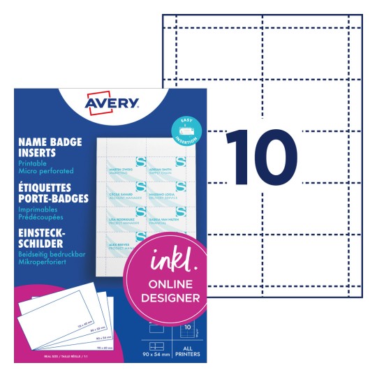 Forpakningsbilde med etikettsark: Avery Zweckform, Artikkel: L4727-20, Innstikkskilt, Format: 54 x 90 mm, Skriverkompatibilitet: Inkjet, Fargelaser, Laser s/h, Kopimaskin, Innhold: 200 innstikkskilt / 20 ark, 10 kort/ark.