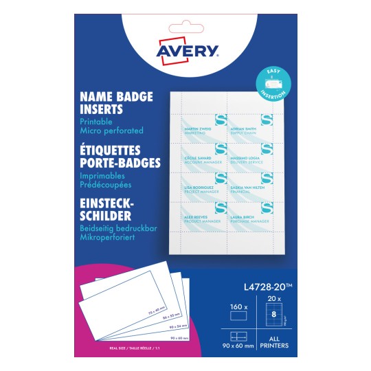 Pakningsbilde: Avery Zweckform, Artikkel: L4728-20, Format: 60 x 90 mm, Skriverkompatibilitet: Inkjet, fargelaser, laser s/hv, kopimaskin, Innhold: 160 innstikkort / 20 ark.