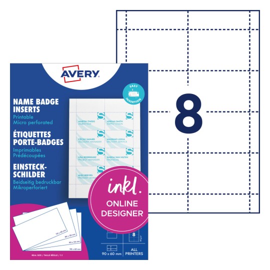 Pakningsbilde med etikettark: Avery Zweckform, Artikkel: L4728-20, Innstikkort, Format: 60 x 90 mm, Utskriftskompatibilitet: Inkjet, fargelaser, laser s/h, kopimaskin, Innhold: 160 innstikkort / 20 ark, 8 kort/ark.
