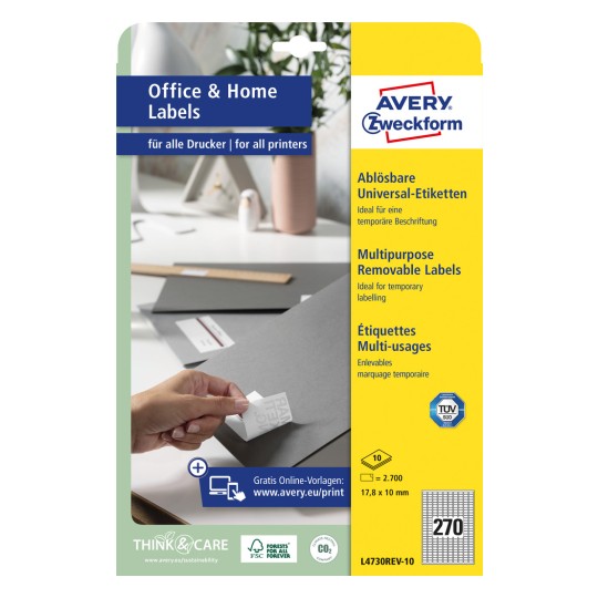 Pakningsbilde: Avery Zweckform Universal-etiketter, avtagbare, Artikkel: L4730REV-10, Format: 17,8 x 10 mm, Utskriftskompatibilitet: Blekk, Laser s/h, Fargelaser, Innhold: 2.700 etiketter / 10 ark, 270 etiketter/ark.