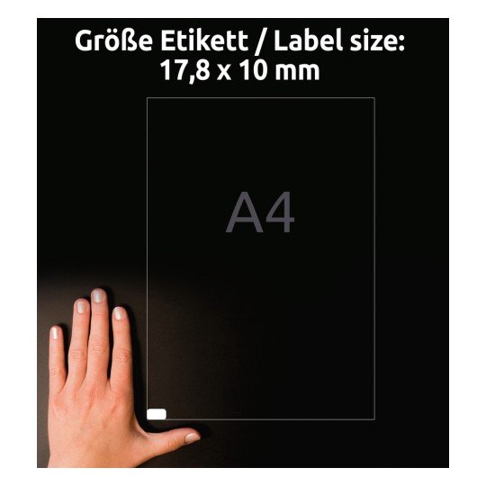 Størrelsessammenligning med hånd, artikkel: L4730REV-25, et ark universelle etiketter, avtakbare, format: 17,8 x 10 mm, farge: hvit?