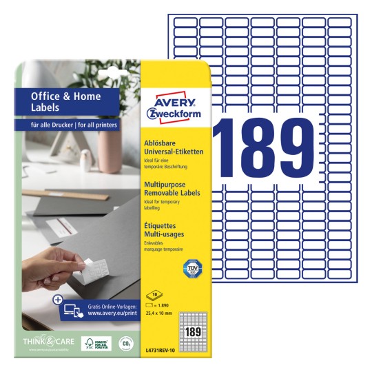 Pakkeillustrasjon med etikettark: Avery Zweckform etiketter, avtagbare, Home Office, liten pakke, artikkel: L4731REV-10, format: 25,4 x 10 mm, skriverkompatibilitet: Inkjet, sort/hvitt laser, fargelaser, innhold: 1.890 etiketter / 10 ark, 189 etiketter/ark.