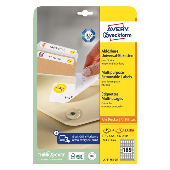 Pakkeavbildning: Avery Zweckform universaletiketter, avtagbare, Artikkel: L4731REV-25, Format: 25,4 x 10 mm, Utskriftsegnethet: Inkjet, Laser svart/hvitt, Fargelaser, Innhold: 5.670 etiketter / 30 ark, 189 etiketter/ark.