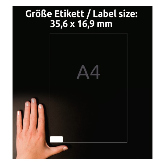Størrelsessammenligning med hånd, Artikkel: L4732REV-10, ett ark etiketter, flyttbar, hjemmekontor, liten pakning, format: 35,6 x 16,9 mm, farge: hvit?