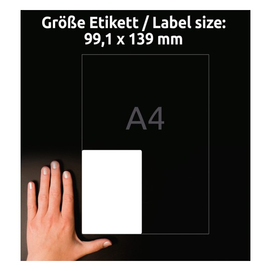 Størrelsessammenligning med hånd, artikkel: L4733REV-25, et ark universelle etiketter, avtagbar, format: 99,1 x 139 mm, farge: hvit?