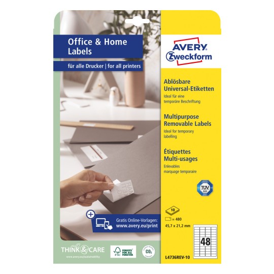 Pakningsbilde: Avery Zweckform universaletiketter, avtakbare, artikkel: L4736REV-10, format: 45,7 x 21,2 mm, skriveregenskaper: Inkjet, laser s/hv, fargelaser, innhold: 480 etiketter / 10 ark, 48 etiketter/ark.