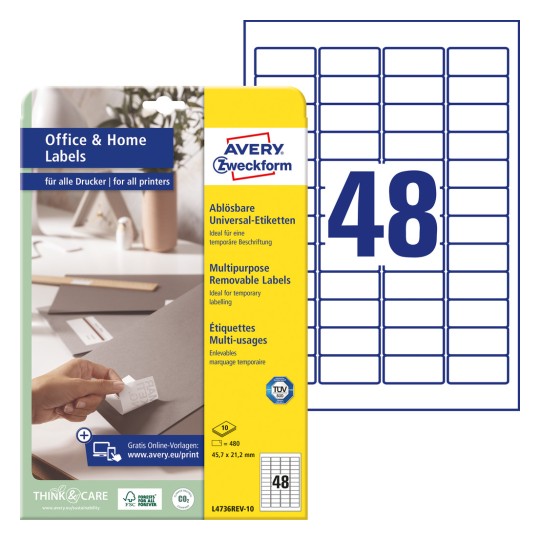 Forpakningsbilde med etikettark: Avery Zweckform etiketter, avtagbare, hjemmekontor, småpakke, artikkel: L4736REV-10, format: 45,7 x 21,2 mm, utskriftsegnethet: Inkjet, laser s/h, fargelaser, innhold: 480 etiketter / 10 ark, 48 etiketter/ark.