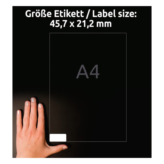 Størrelsessammenligning med hånd, Artikkel: L4736REV-25, ett ark universaletiketter, avtakbar, format: 45,7 x 21,2 mm, farge: hvit?