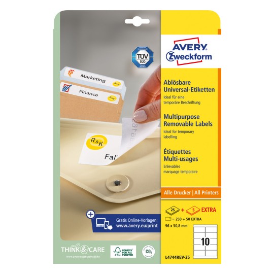 Pakkeillustrasjon: Avery Zweckform universaletiketter, avtakbare, artikkel: L4744REV-25, format: 96 x 50,8 mm, egnet for skriver: Inkjet, laser s/h, fargelaser, innhold: 300 etiketter / 30 ark, 10 etiketter/ark.