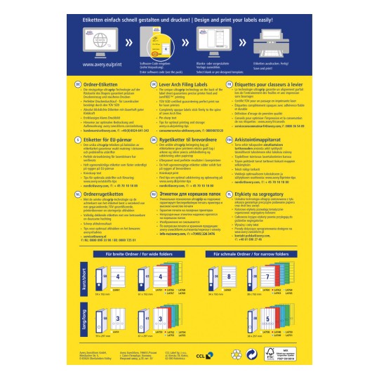 Bildet er en annonse for å designe og skrive ut etiketter enkelt, med informasjon om etiketprodukter inkludert spesifikasjoner, tips for utskrift og ulike etikettetyper for mapper på flere språk.