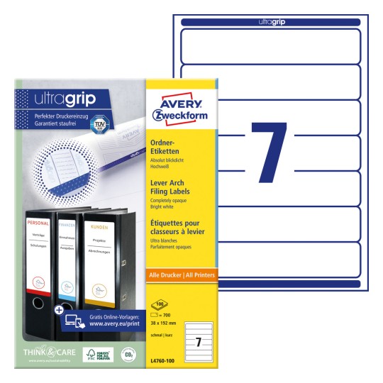 Pakningsillustrasjon med etikettark: Avery Zweckform mappeetiketter, Artikkel: L4760-100, Format: 38 x 192 mm, Utskriftskompatibilitet: Inkjet, Laser s/h, Fargelaser, Innhold: 700 etiketter / 100 ark, 7 etiketter/ark.