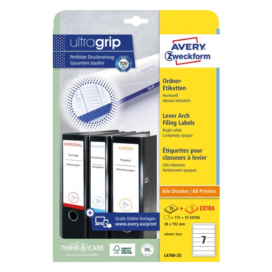 Pakkebilde: Avery Zweckform mapper-etiketter, Artikkel: L4760-25, Format: 38 x 192 mm, Utskriftskompatibilitet: Inkjet, Laser s/h, Fargelaser, Innhold: 210 etiketter / 30 ark, 7 etiketter/ark