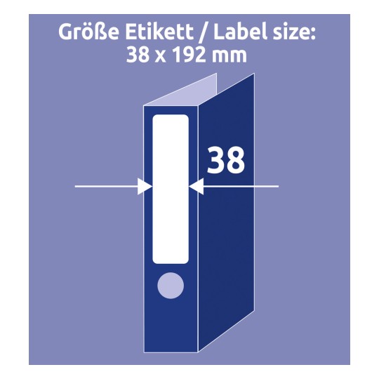 Størrelsessammenligning med hånd, artikkel: L4760REV-10, ett ark med avtagbare etiketter til permer, hjemmekontor, liten pakke, format: 38 x 192 mm, farge: hvit.