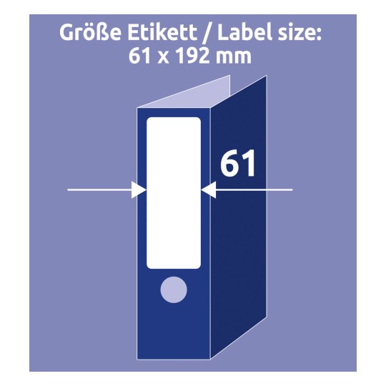 Størrelsessammenligning med hånd, Artikkel: L4761-10, et ark med mapper-etiketter, Hjemmekontor, liten pakke, Format: 61 x 192 mm, Farge: Hvit?