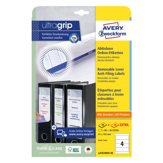 Pakkeillustrasjon: Avery Zweckform ordreetiketter, avtagbare, artikkel: L4761REV-20, format: 61 x 192 mm, utskriftskompatibilitet: blekkskriver, laser s/h, fargelaser, innhold: 120 etiketter / 30 ark, 4 etiketter/ark.