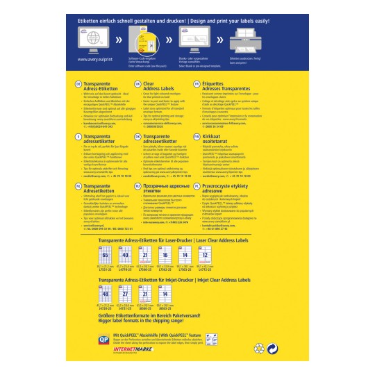 Bildet inneholder informasjon om utskrift av klare adresseetiketter, inkludert detaljer om funksjoner, instruksjoner på flere språk, og forskjellige etikettformater for laser- og blekkskrivere.