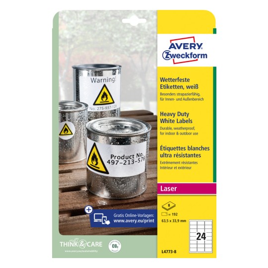 Pakningsbilde: Avery Zweckform Værbestandige folieetiketter for laserskrivere, Artikkel: L4773-8, Format: 63,5 x 33,9 mm, Skriveregenhet: Laser s/hv, fargelaser, Innhold: 192 etiketter / 8 ark, 24 etiketter/ark.