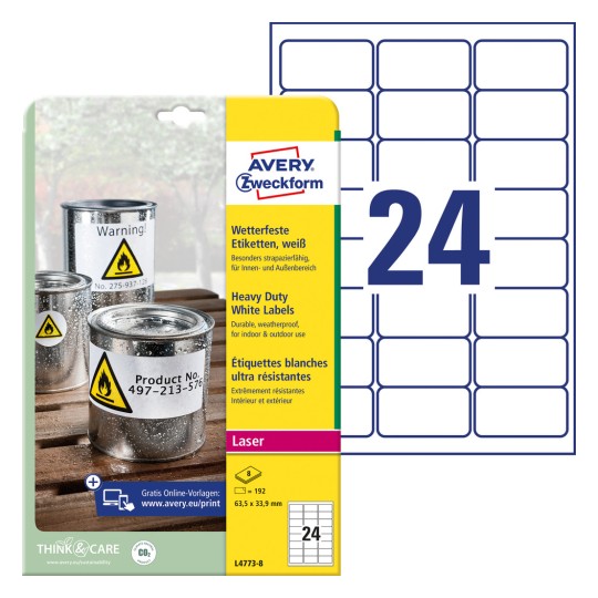 Pakningsbilde med etikettark: Avery Zweckform Værbestandige folieetiketter, Artikkel: L4773-8, Format: 63,5 x 33,9 mm, Skriverkompatibilitet: Laser svart/hvitt, fargelaser, Innhold: 192 etiketter / 8 ark, 24 etiketter/ark.