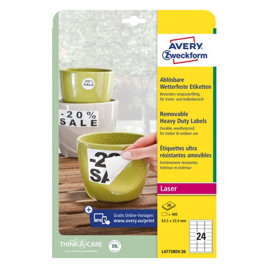 Forpakningsbilde: Avery Zweckform Værbestandige folieetiketter, avtakbare, Artikkel: L4773REV-20, Format: 63,5 x 33,9 mm, Trykkkompatibilitet: Laser s/hv, fargelaser, Innhold: 480 etiketter / 20 ark, 24 etiketter/ark