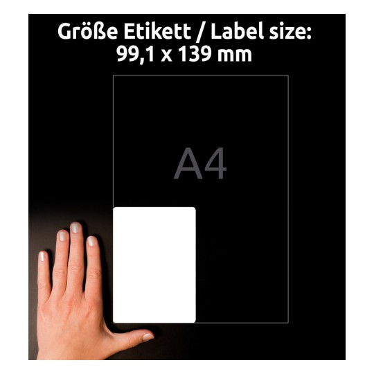 Størrelsessammenligning med hånd, Artikkel: L4774REV-20, ett ark med værbestandige etiketter, avtakbare, format: 99,1 x 139 mm, farge: hvit?