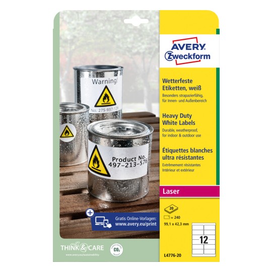 Pakningsbilde: Avery Zweckform Værbestandige folieetiketter for laserskrivere, Artikkel: L4776-20, Format: 99,1 x 42,3 mm, Skriveregenskaper: Laser s/h, fargelaser, Innhold: 240 etiketter / 20 ark, 12 etiketter/ark.