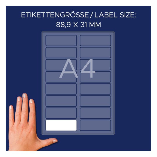 Størrelsessammenligning med hånd, artikkel: L4783-20, et ark med navneetiketter, format: 88,9 x 31 mm, farge: hvit?