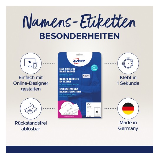 Bildet viser en emballasje for selvklebende navneskilt fra Avery. Det fremhever deres viktigste funksjoner, inkludert design gjennom et nettverktøy, raskt klebende lim, og at de er avtagbare og produsert i Tyskland.