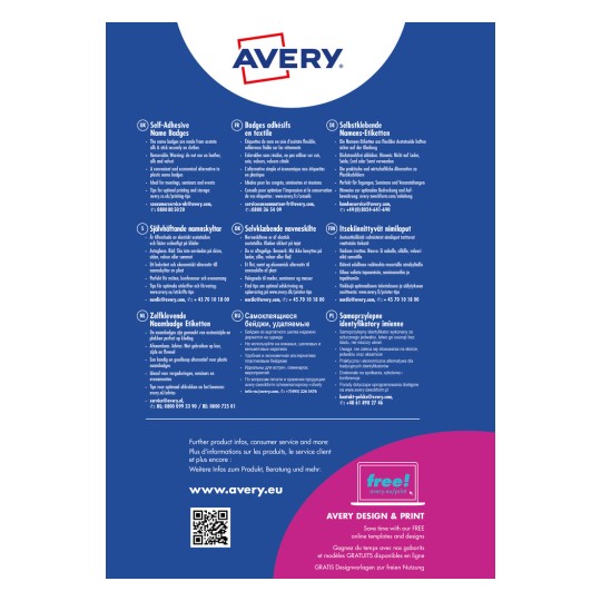 Bildet inkluderer informasjon om Avery selvklebende navneskilt, med detaljer på flere språk om deres bruk, design og utskriftstips. Det fremmer produkter og inkluderer kontaktinformasjon for kundeservice.