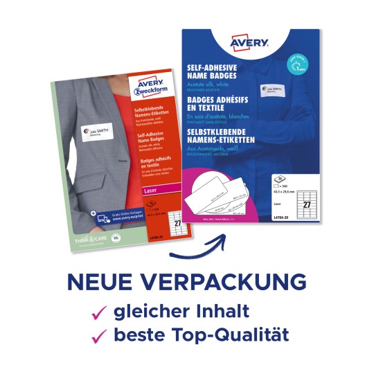 Bildet viser en emballasje for selvklebende navneskilt fra Avery, med to produktdesign og reklametekst på tysk om ny emballasje.
