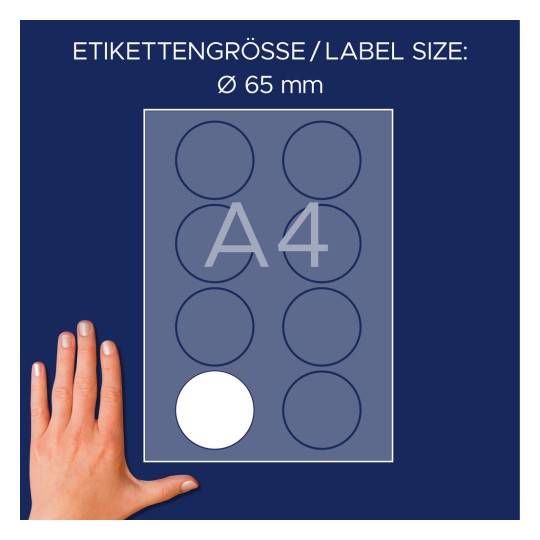 Størrelsessammenligning med hånd, artikkel: L4881-20, ett ark navneetiketter, format: ⌀ 65 mm, farge: hvit?